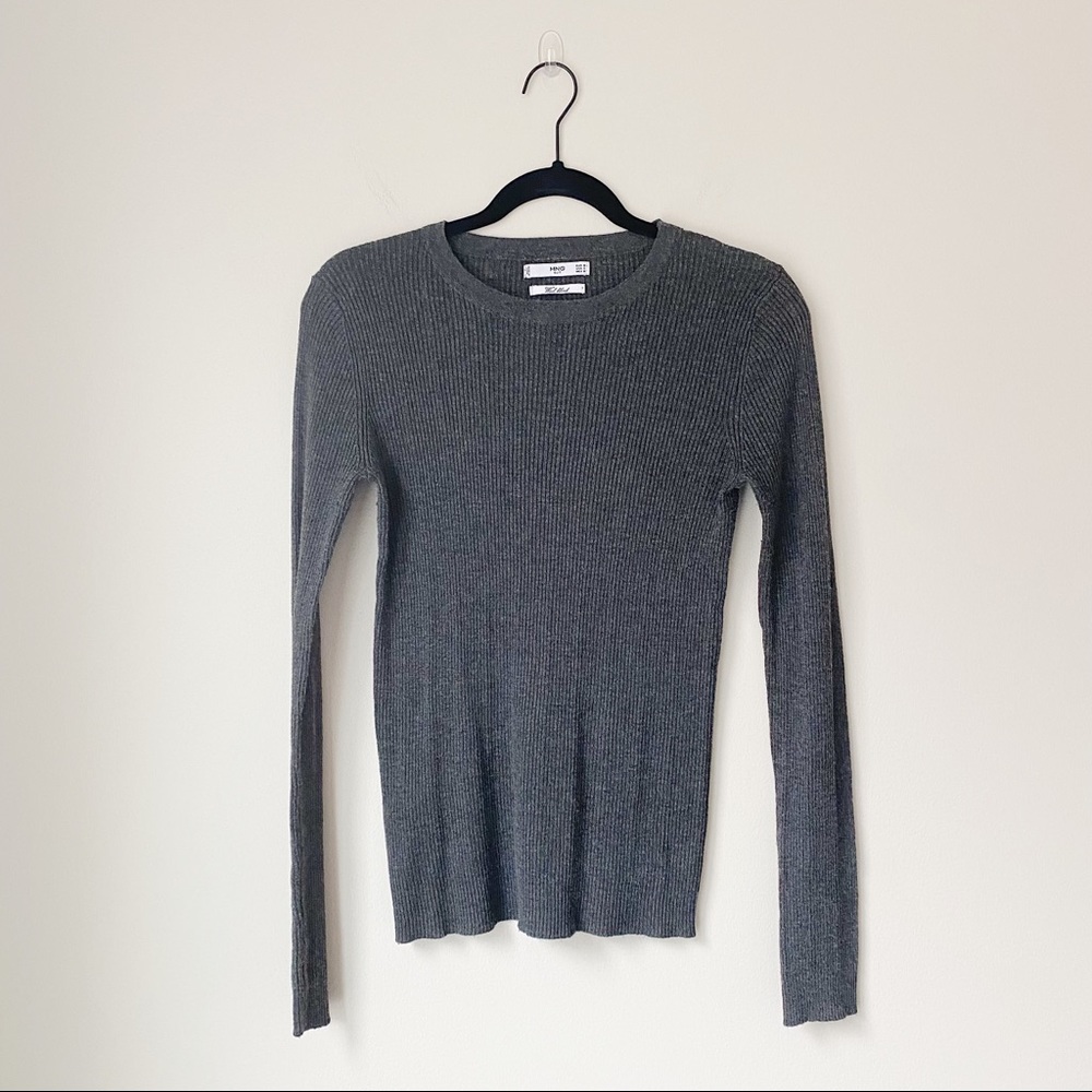 MANGO Thin Ribbed Long Sleeve Crew Neck Sweater in Grey